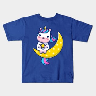 Cute Unicorn Sitting On Moon With Star Cartoon Kids T-Shirt